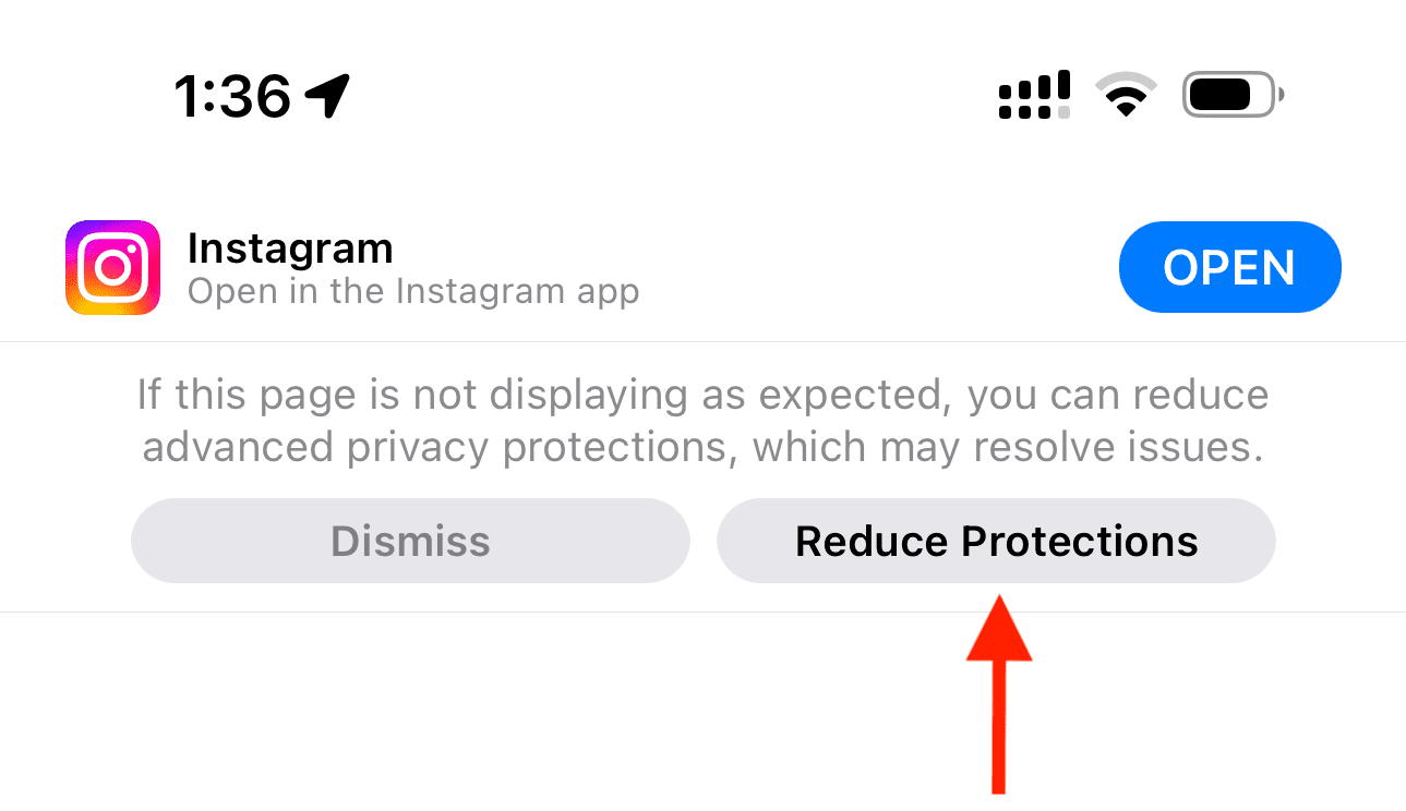 Reduce Protections alert in Safari on iPhone