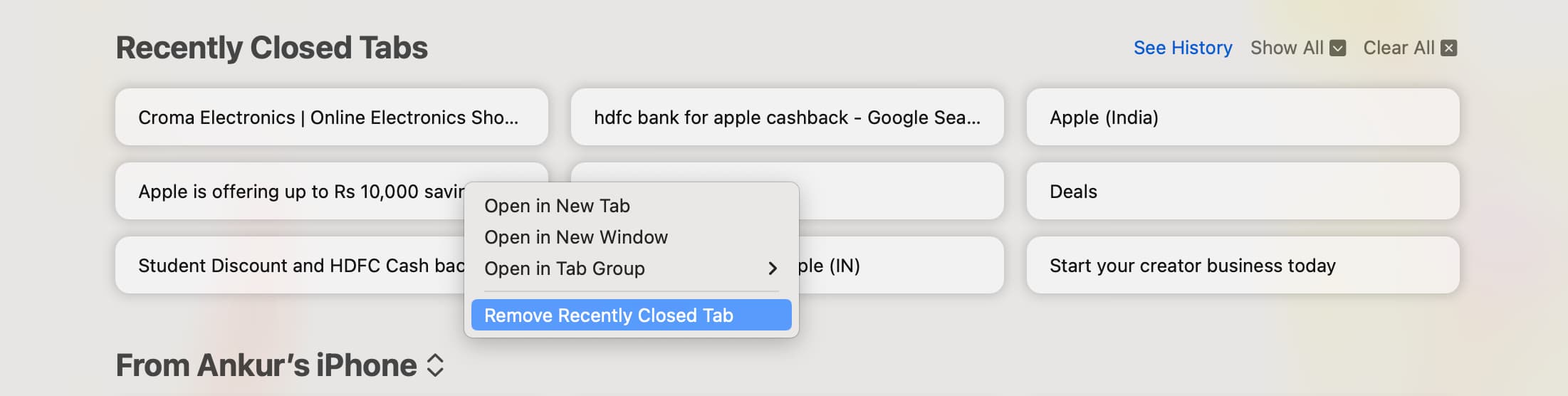 Remove Recently Closed Tab from Safari Start Page on Mac
