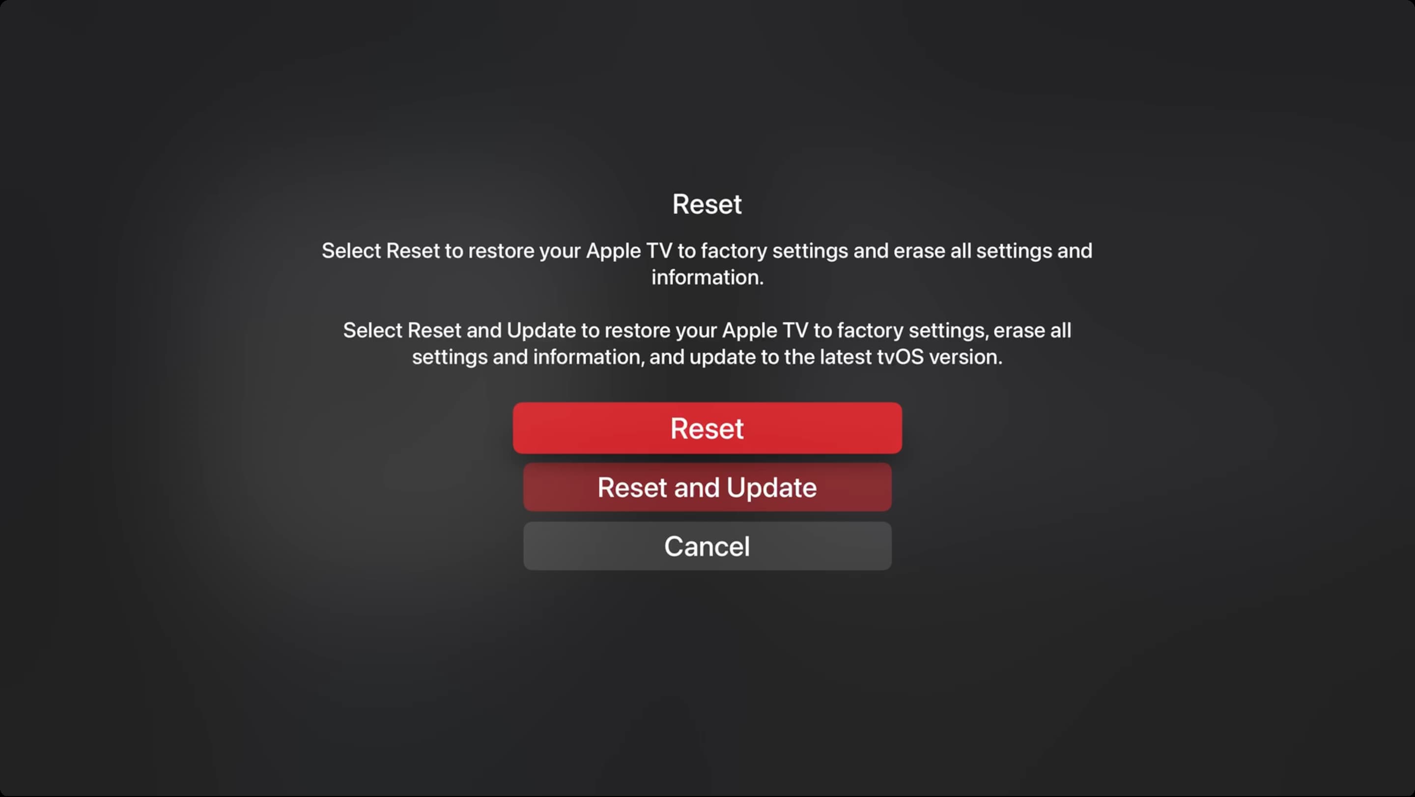 Reset Apple TV settings screen
