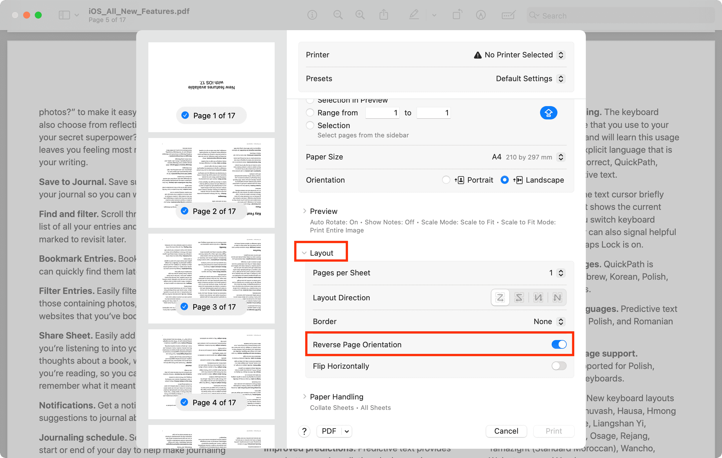 Reverse Page Orientation during Print on Mac