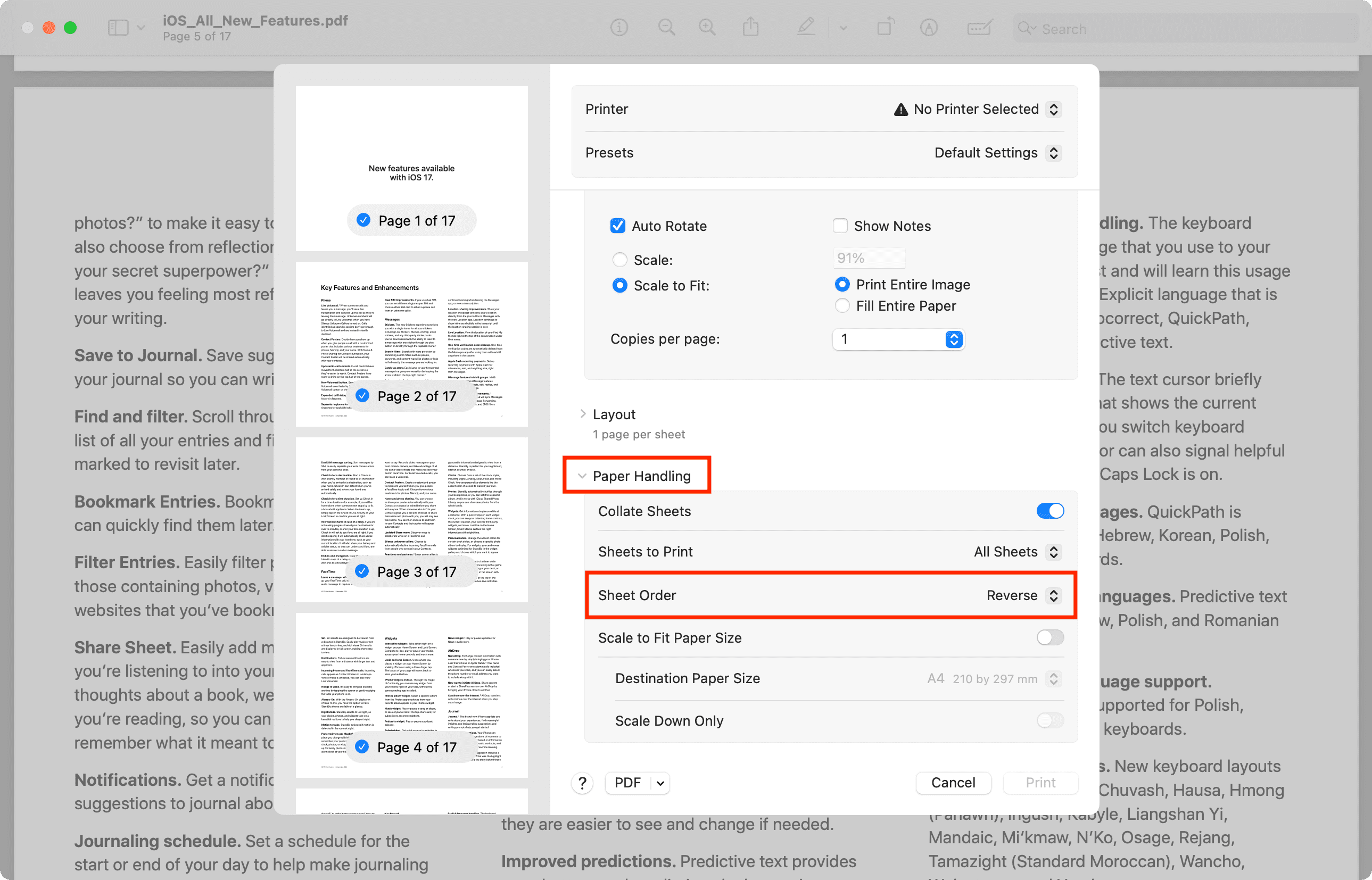 Reverse Sheet Order in Print on Mac