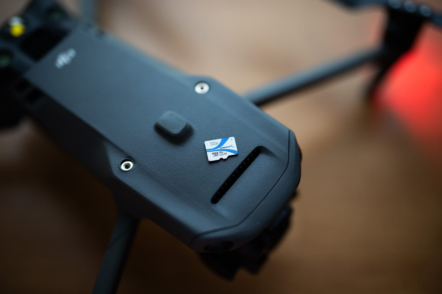 Sabrent Rocket V30 A2 microSDXC cards on top of a DJI Mavic 3T drone.