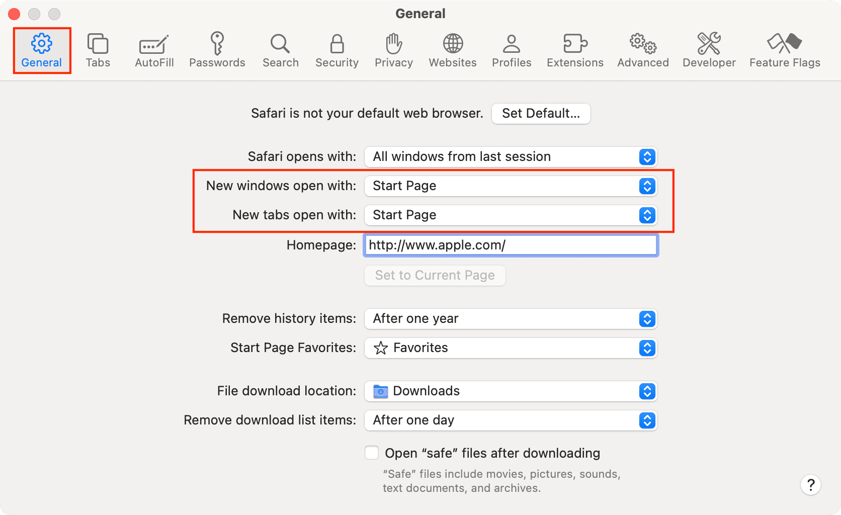 Safari General settings on Mac to manage windows and tabs