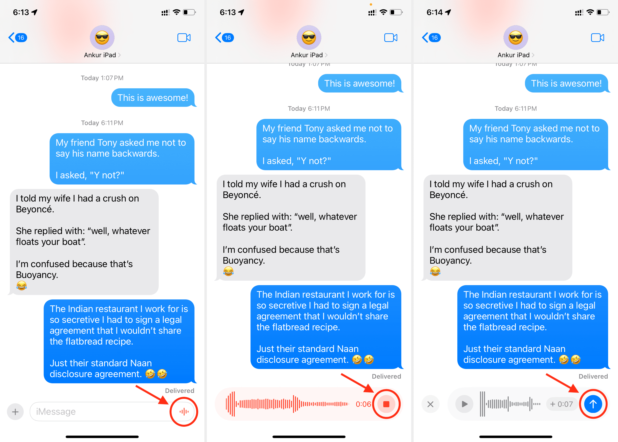 Sending a voice recording via Messages on iPhone