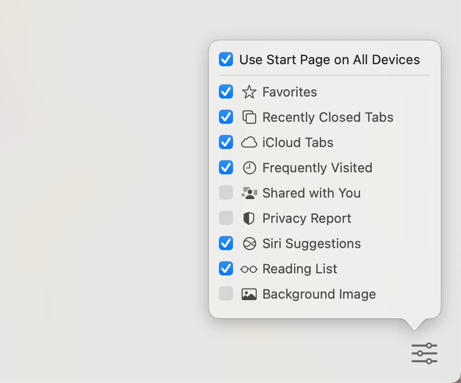Settings button on Safari Start Page on Mac