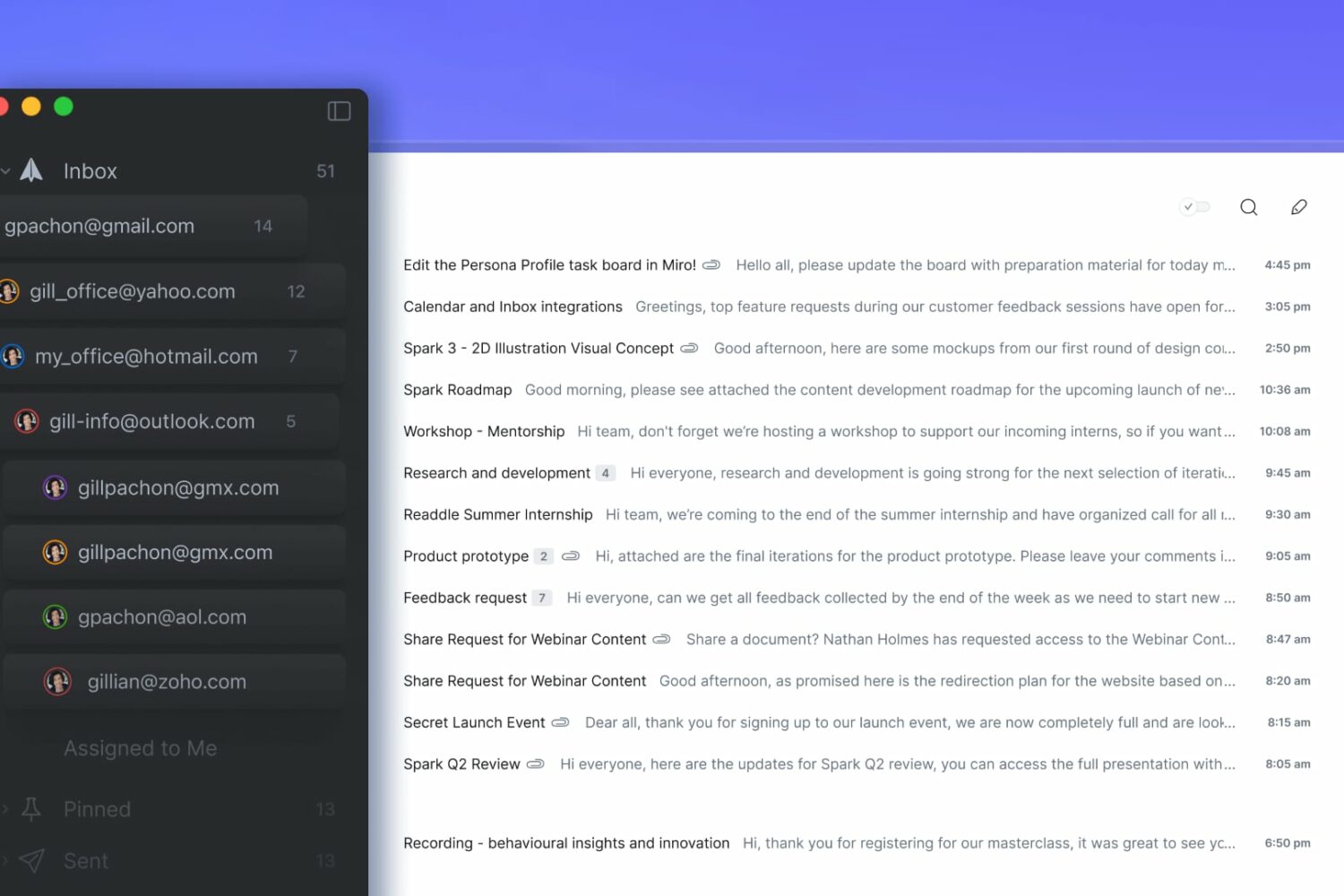 Unified inbox with multiple email accounts in the Spark Mail desktop app