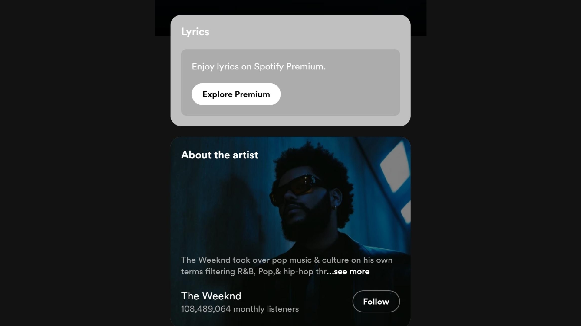 Spotify message about a Premium subscription required to view song lyrics