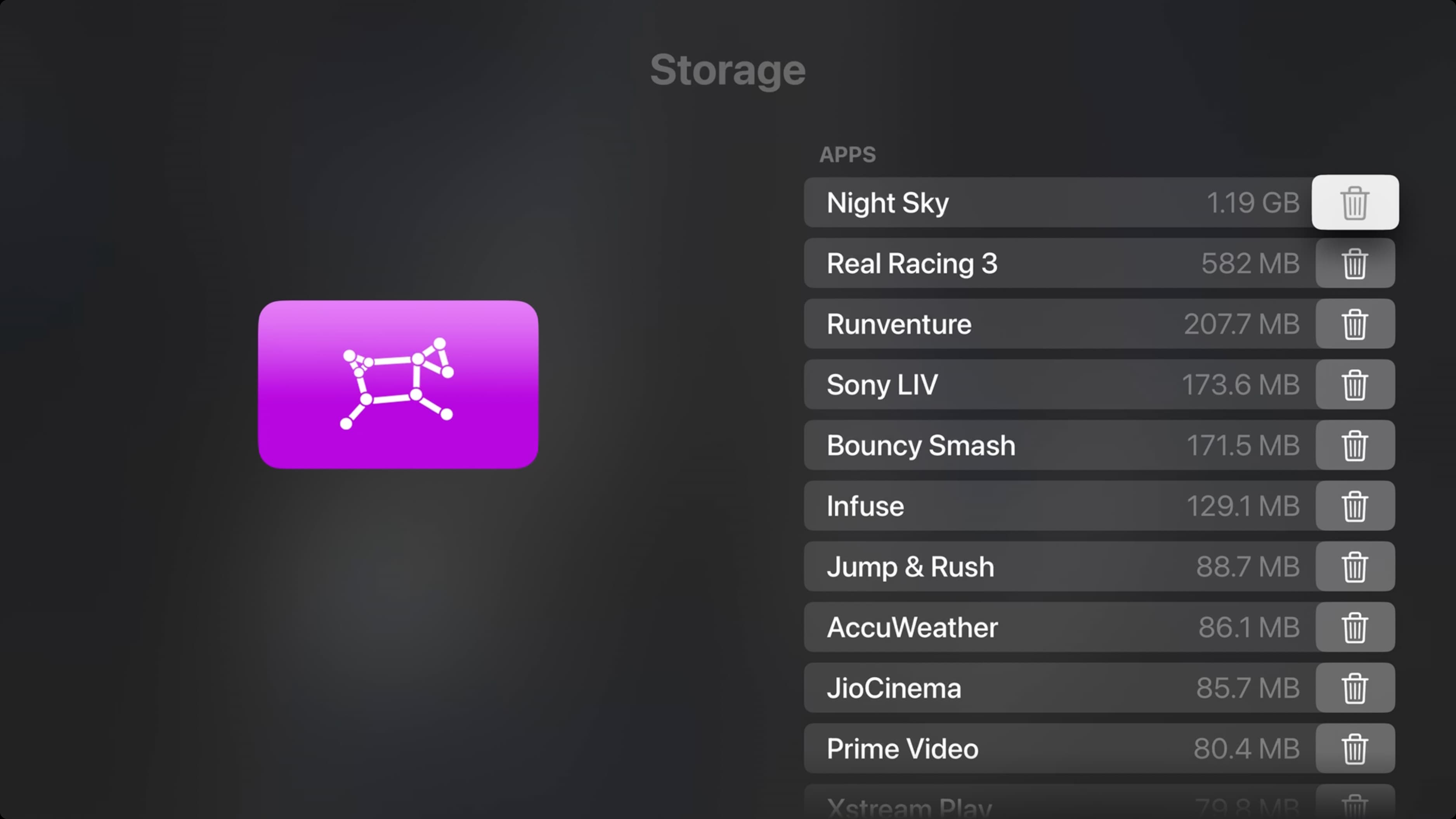 Storage screen on Apple TV to see space taken by each app