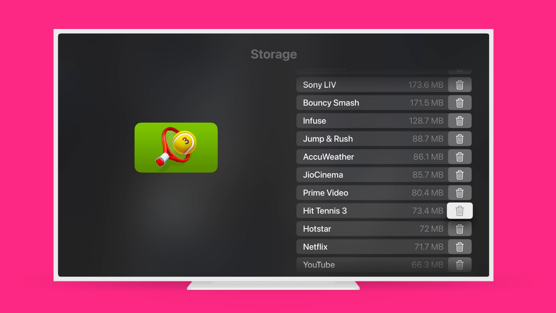 Storage screen on Apple TV to delete installed apps