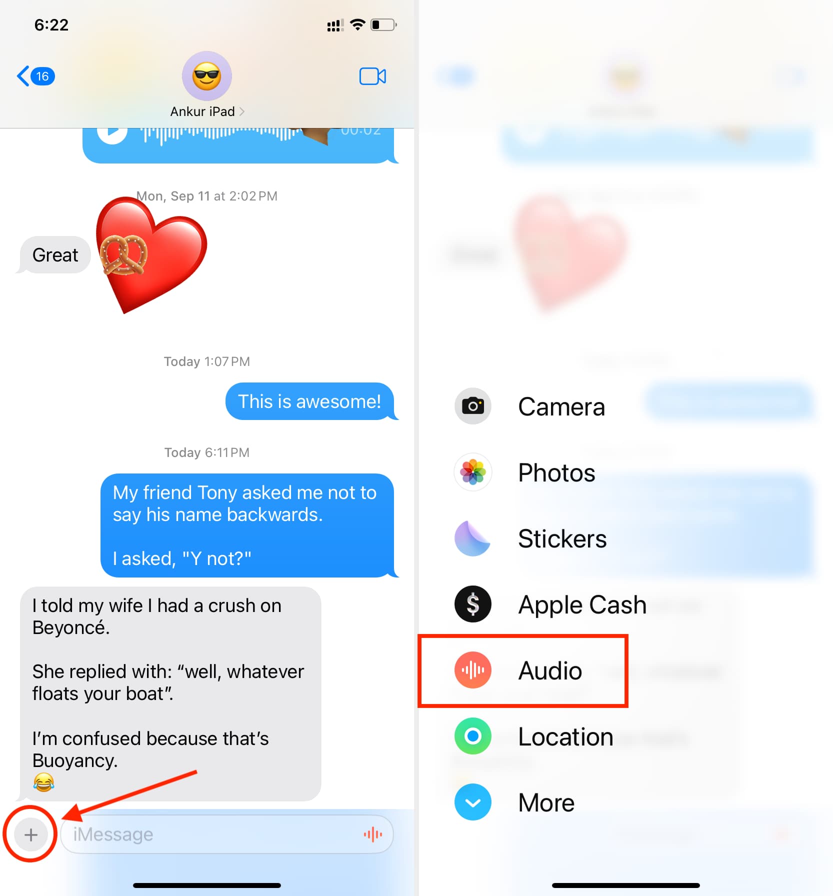 Tap Plus button Audio in Messages app on iPhone
