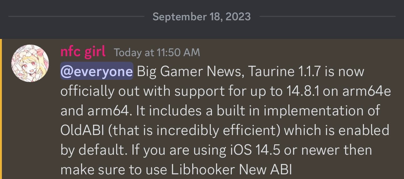 Taurine officially updated to version 1.1.7 with support for iOS 14.4-14.8.1.