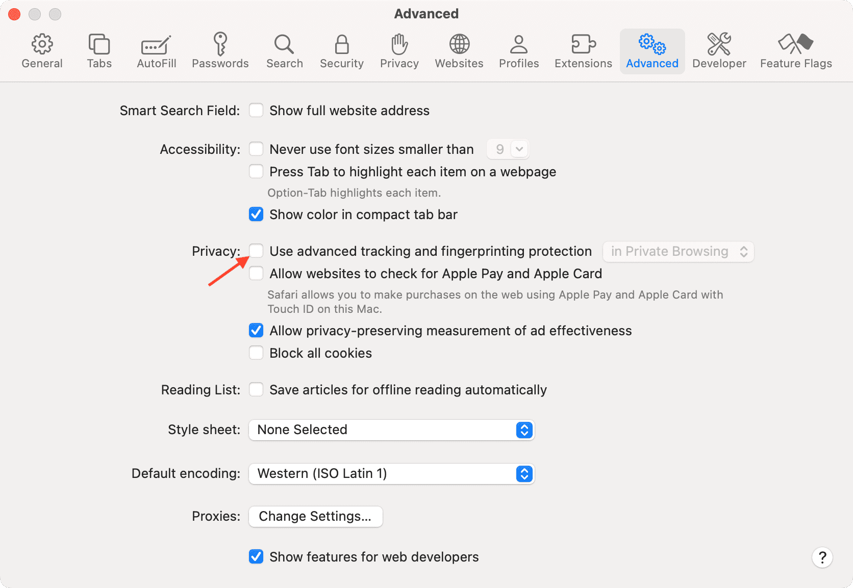 Turn off Privacy in Safari Advanced settings on Mac
