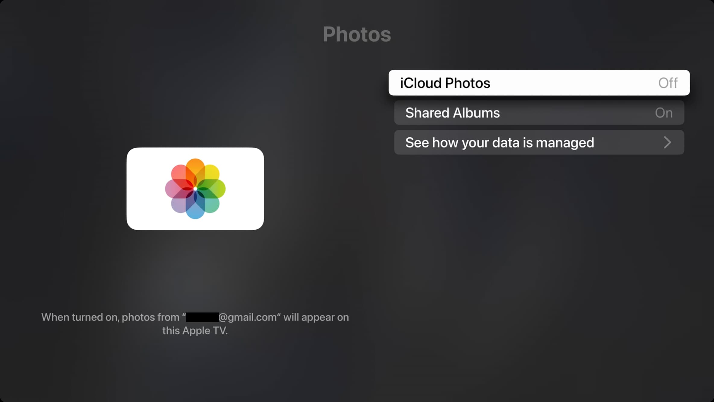 Turn off iCloud Photos on Apple TV