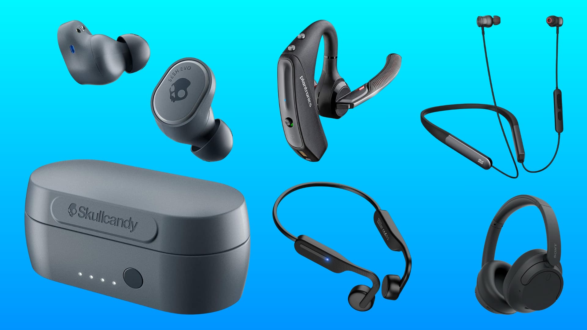 Various types of Bluetooth headsets, earphones, neckbands, and headphones