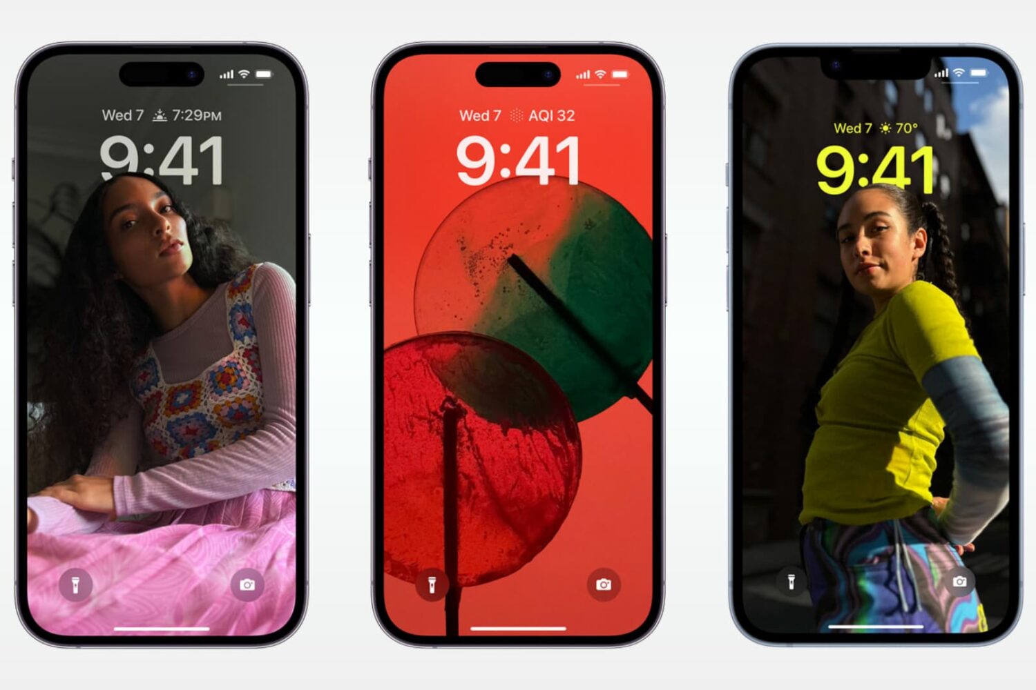 Three iPhone mockups showing the Lock Screen