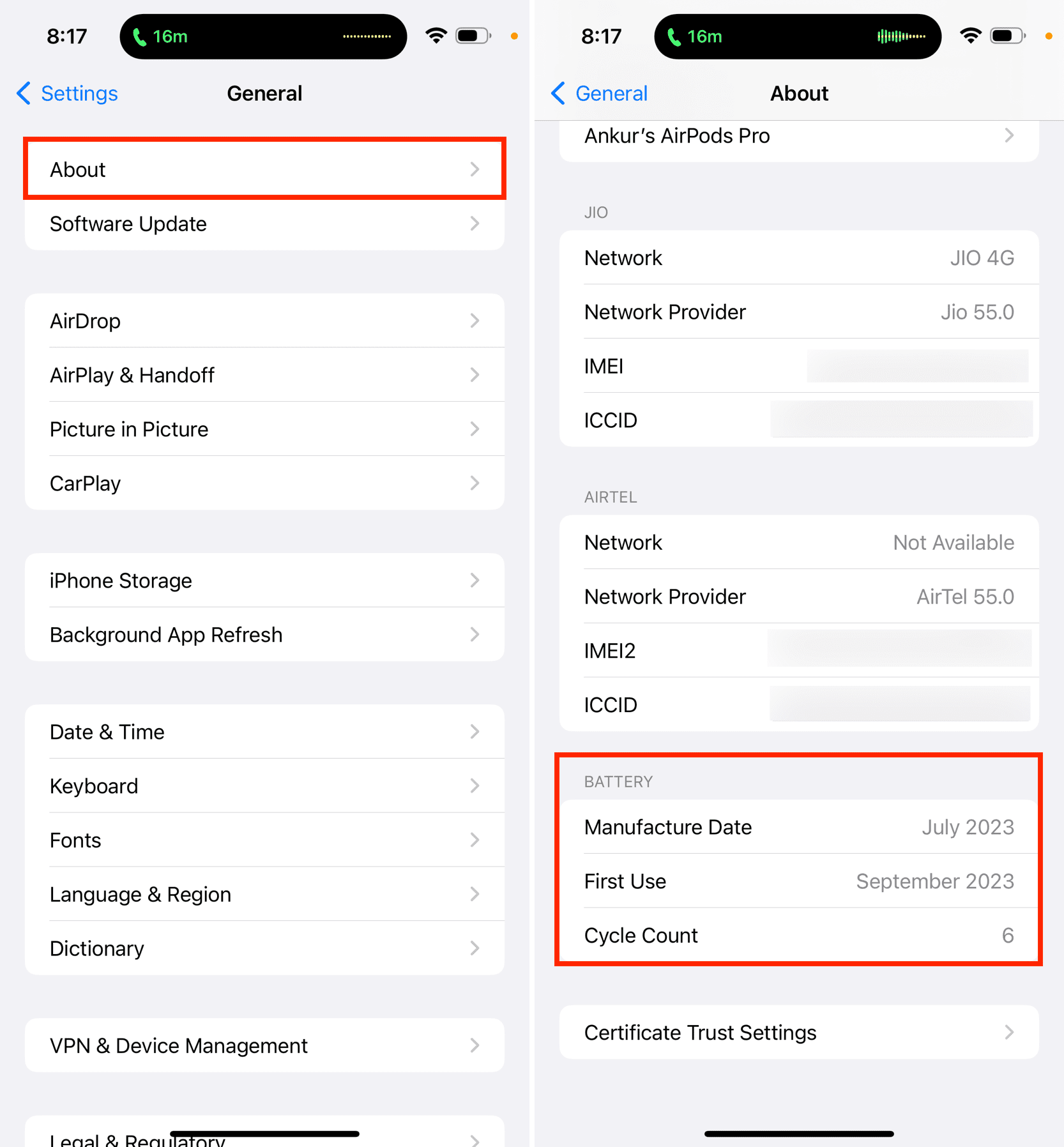 Seeing iPhone battery's Manufacture Date, First Use, and Cycle Count in the Settings app