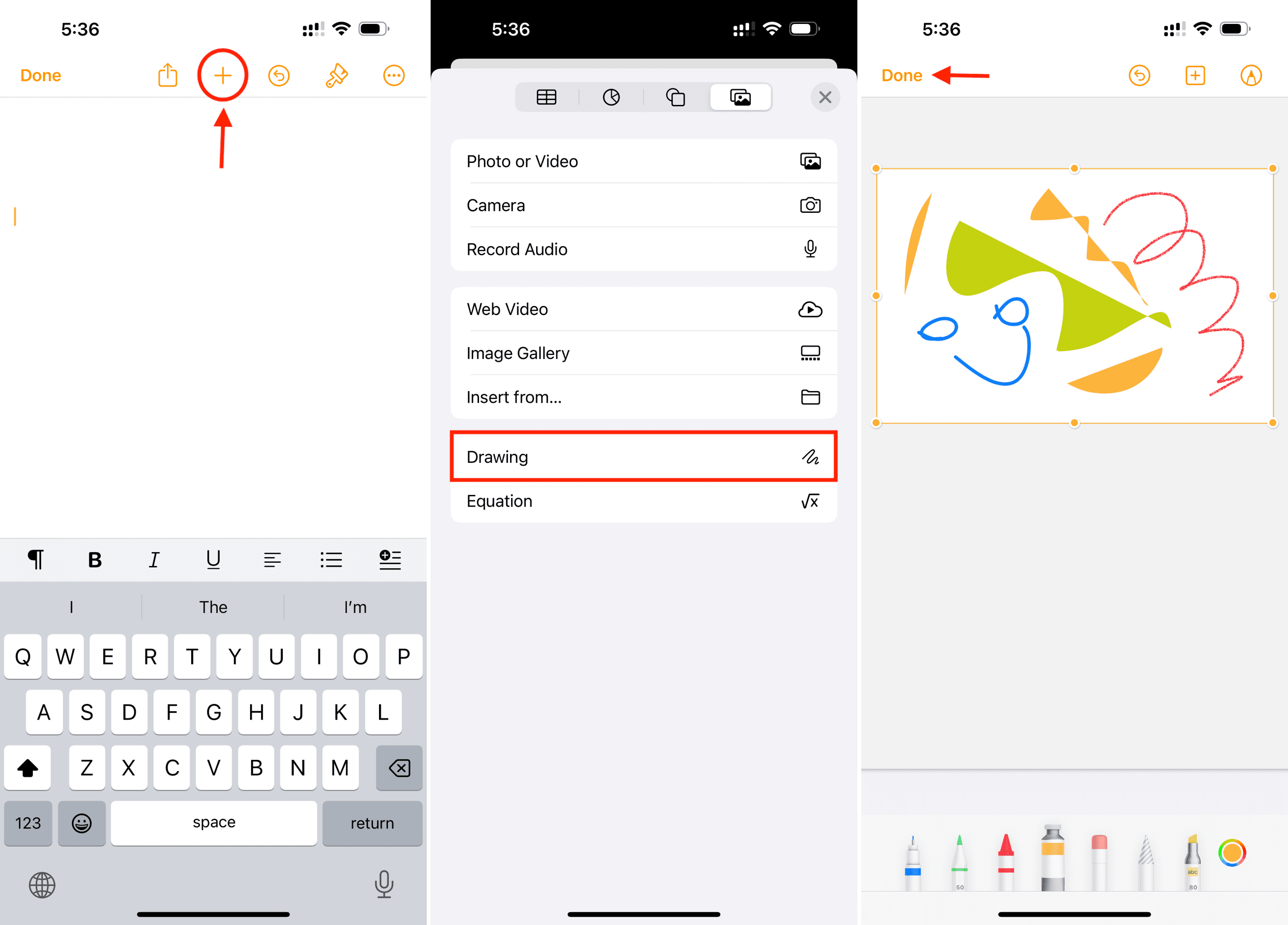 Add a drawing to a document in the Pages app on iPhone