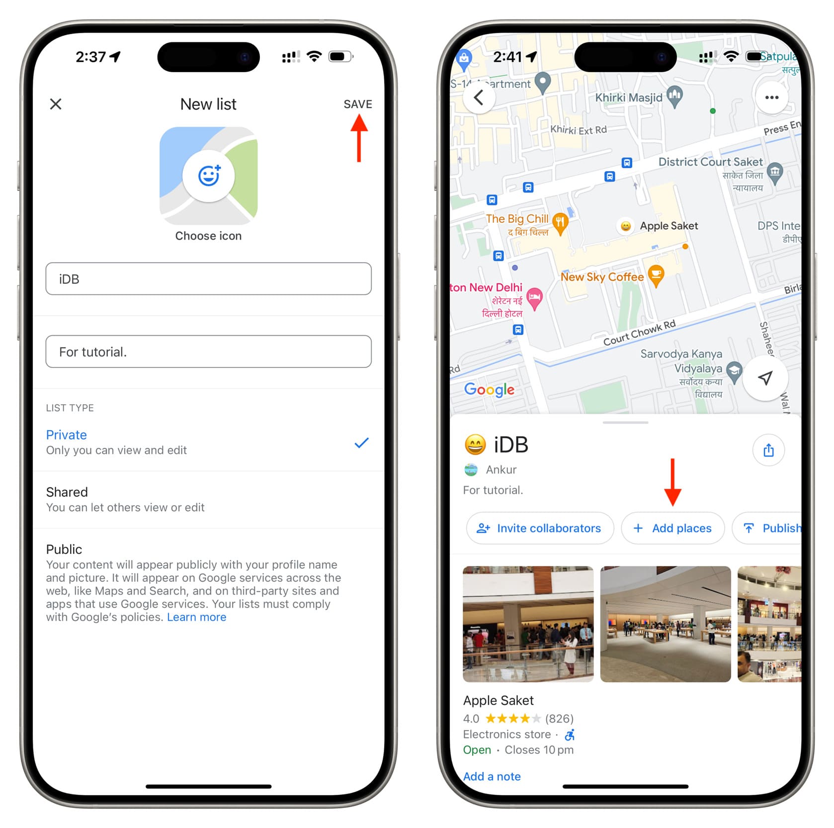 Add new list to Google Maps on iPhone