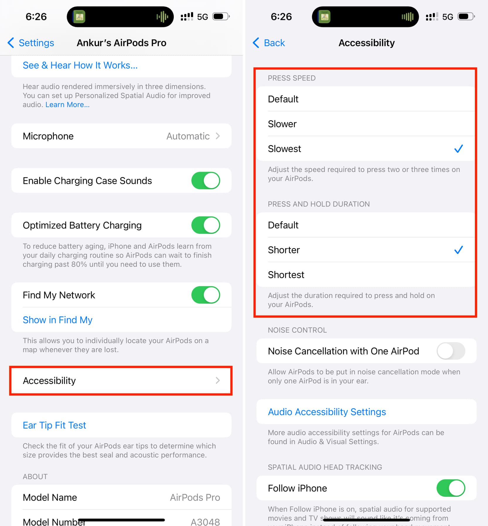 AirPods Pro Accessibility settings for press speed