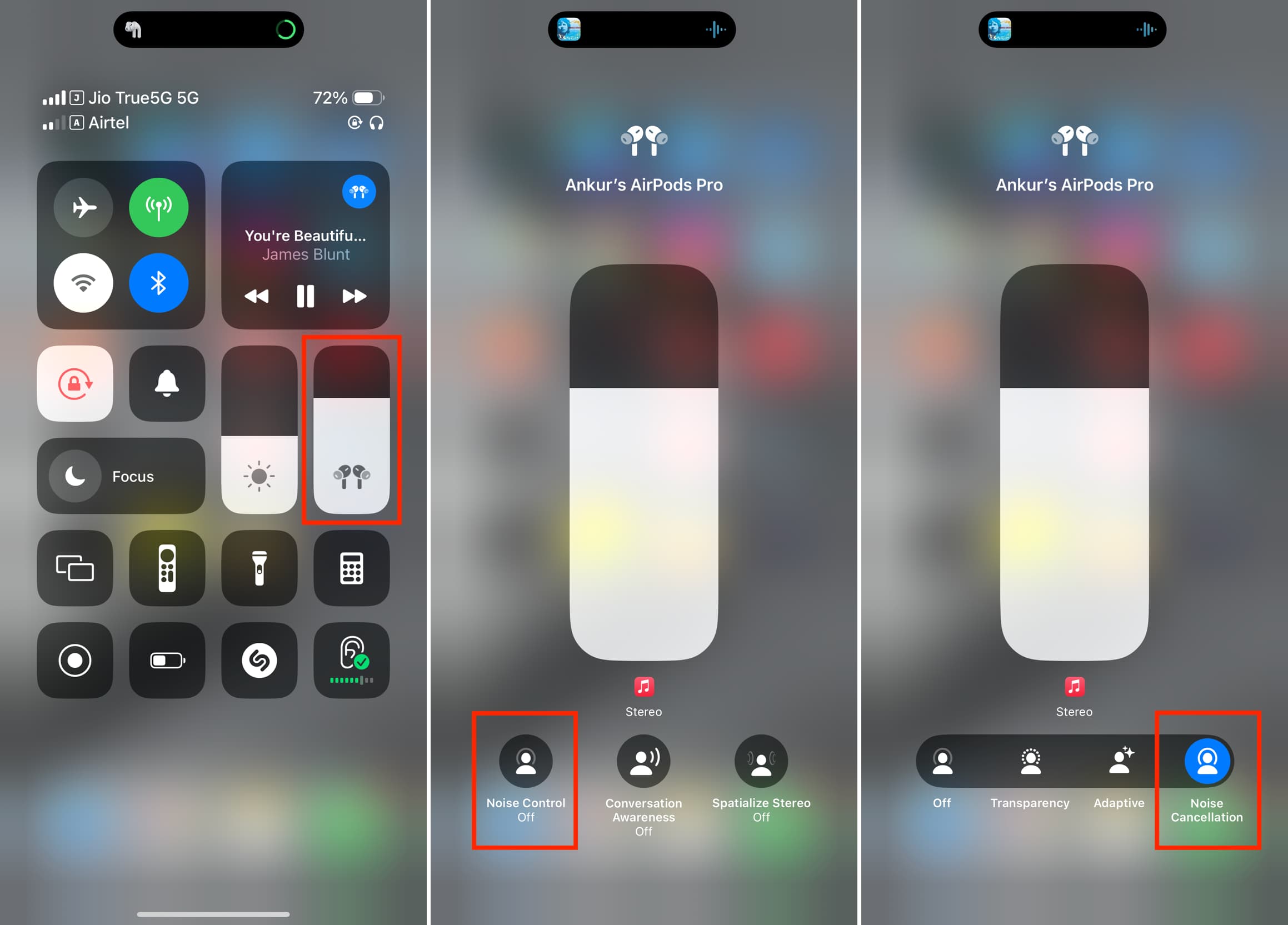 AirPods Pro Noise Cancellation in iPhone Control Center