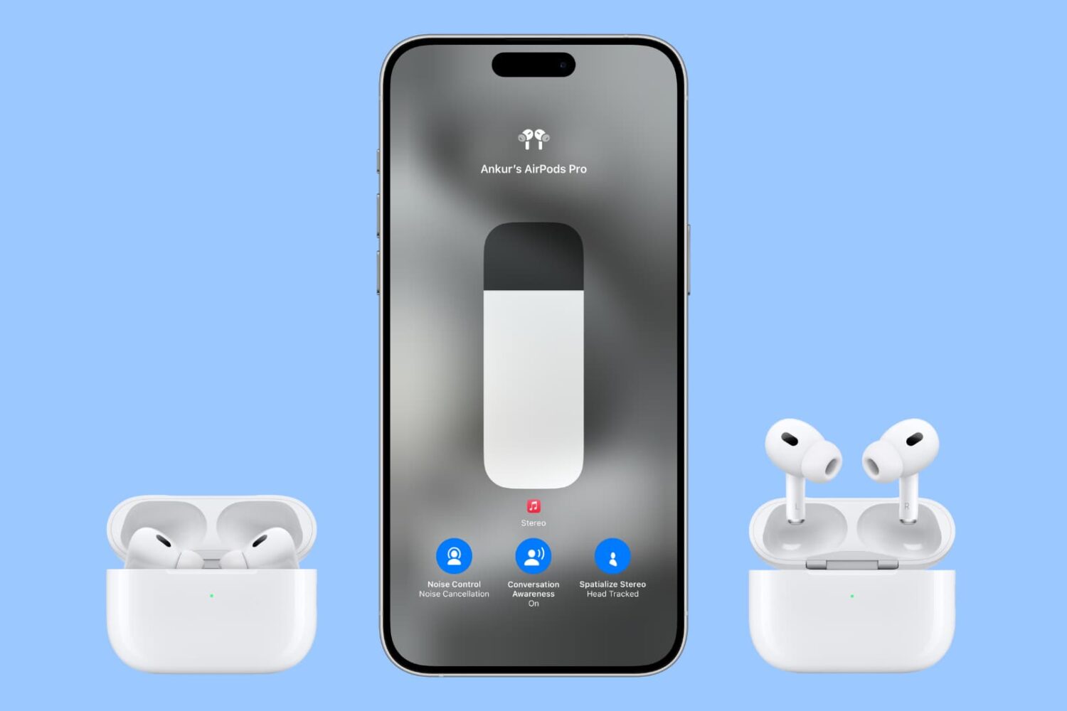 iPhone showing volume options with two AirPods Pros nearby