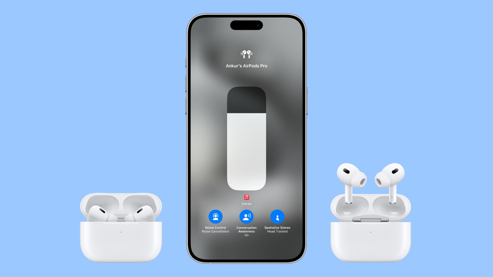 iPhone showing volume options with two AirPods Pros nearby