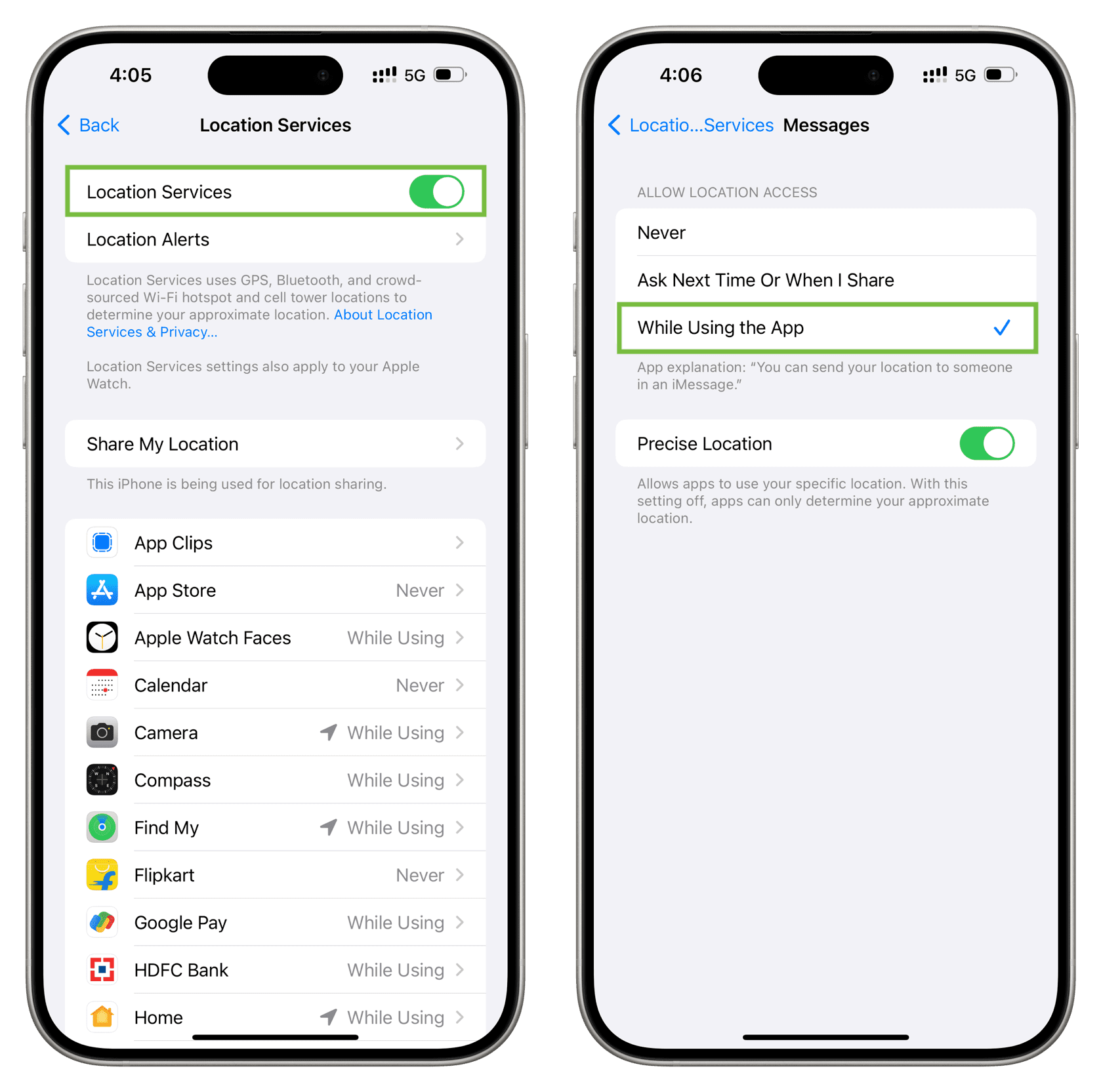 Allow Messages app location access on iPhone