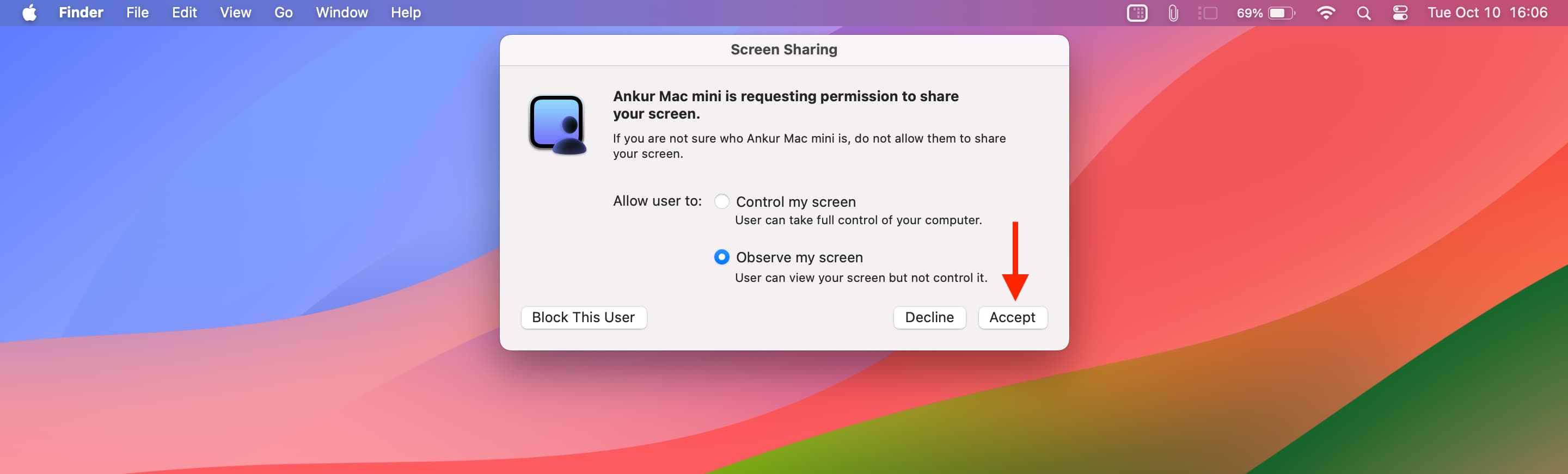 Allow Observe my screen and click Accept on Mac