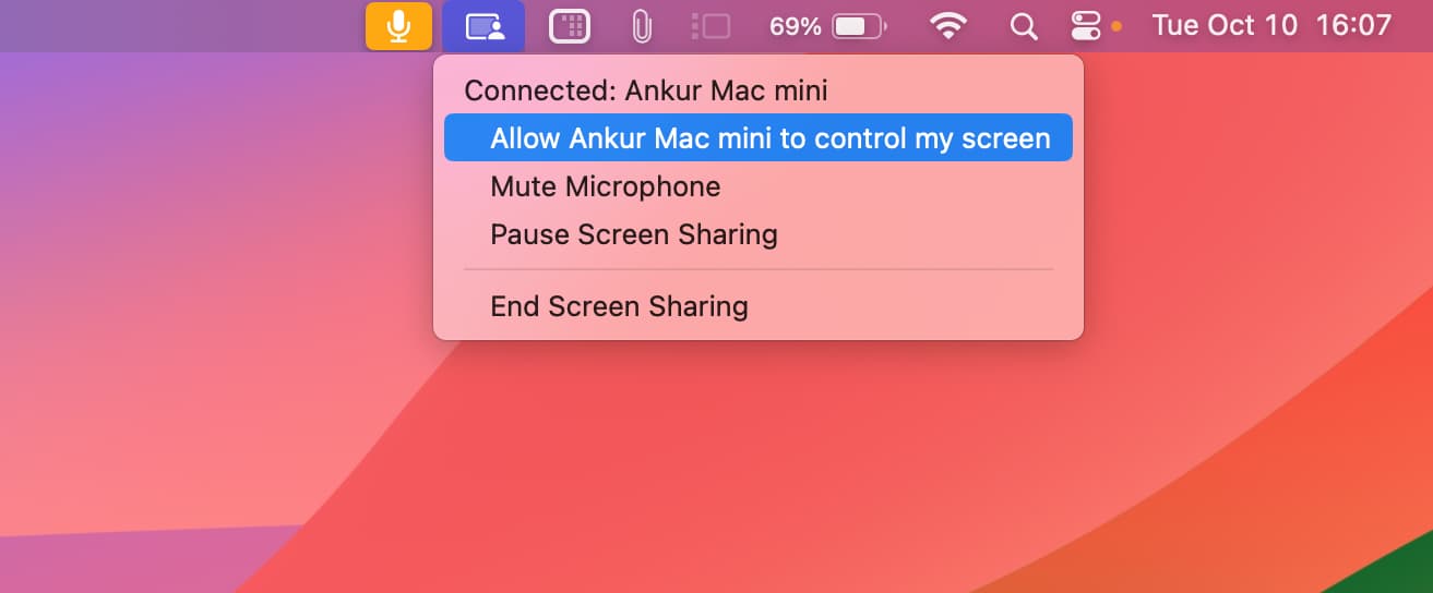 다른 Mac이 내 화면을 제어하도록 허용 옵션