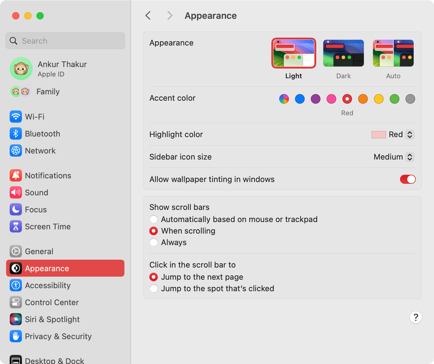 Appearance settings on Mac