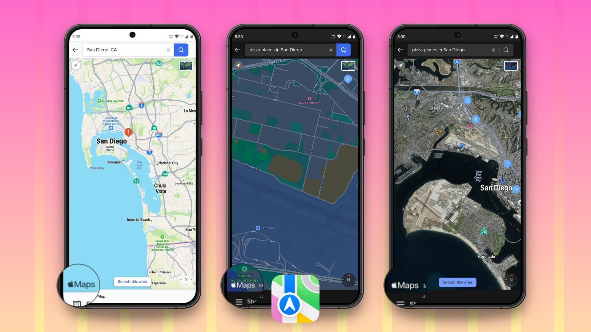 Three Android phone mockups showing Apple Maps