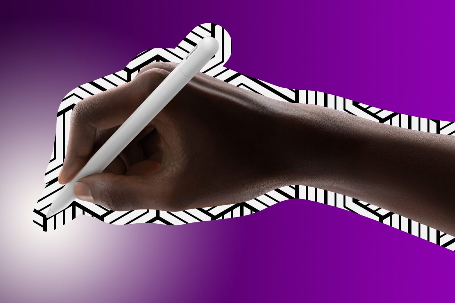 Male hand holding the USB-C Apple Pencil, set against a dark purple gradient background