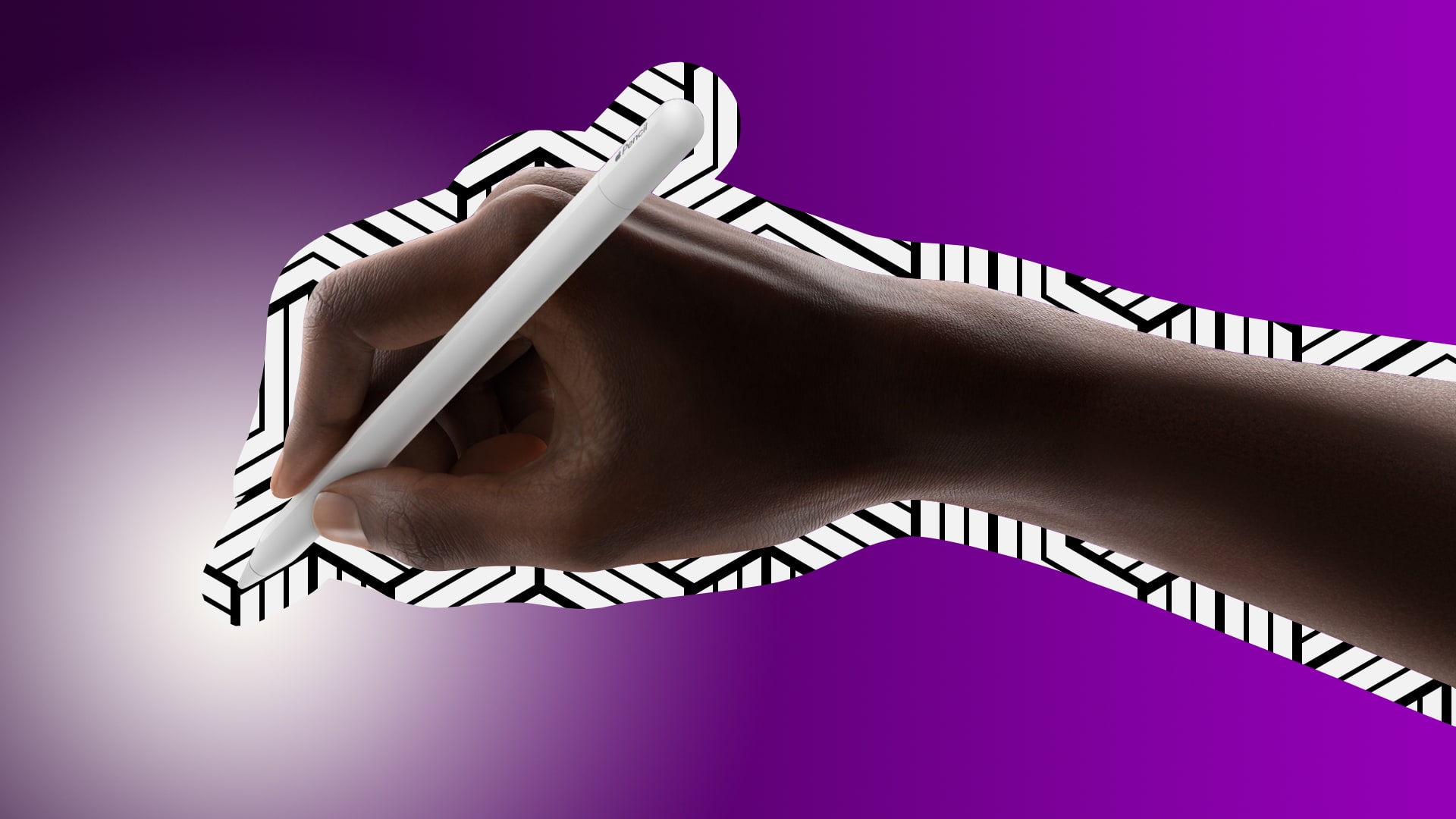 Male hand holding the USB-C Apple Pencil, set against a dark purple gradient background