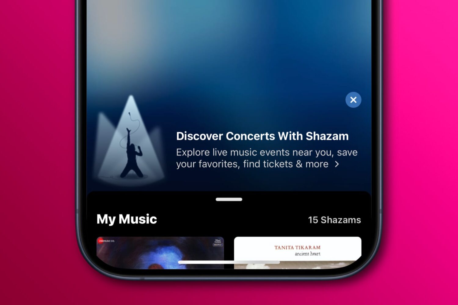 Shazam for iPhone showing a tooltip about the Concert feature