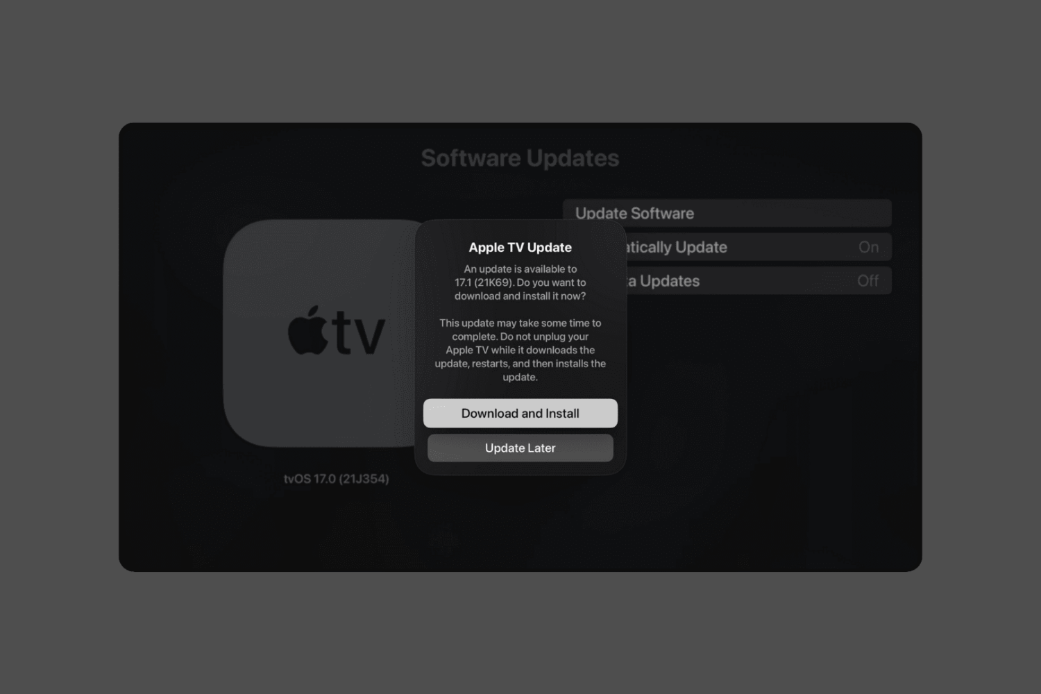 tvOS 17.1 software update.