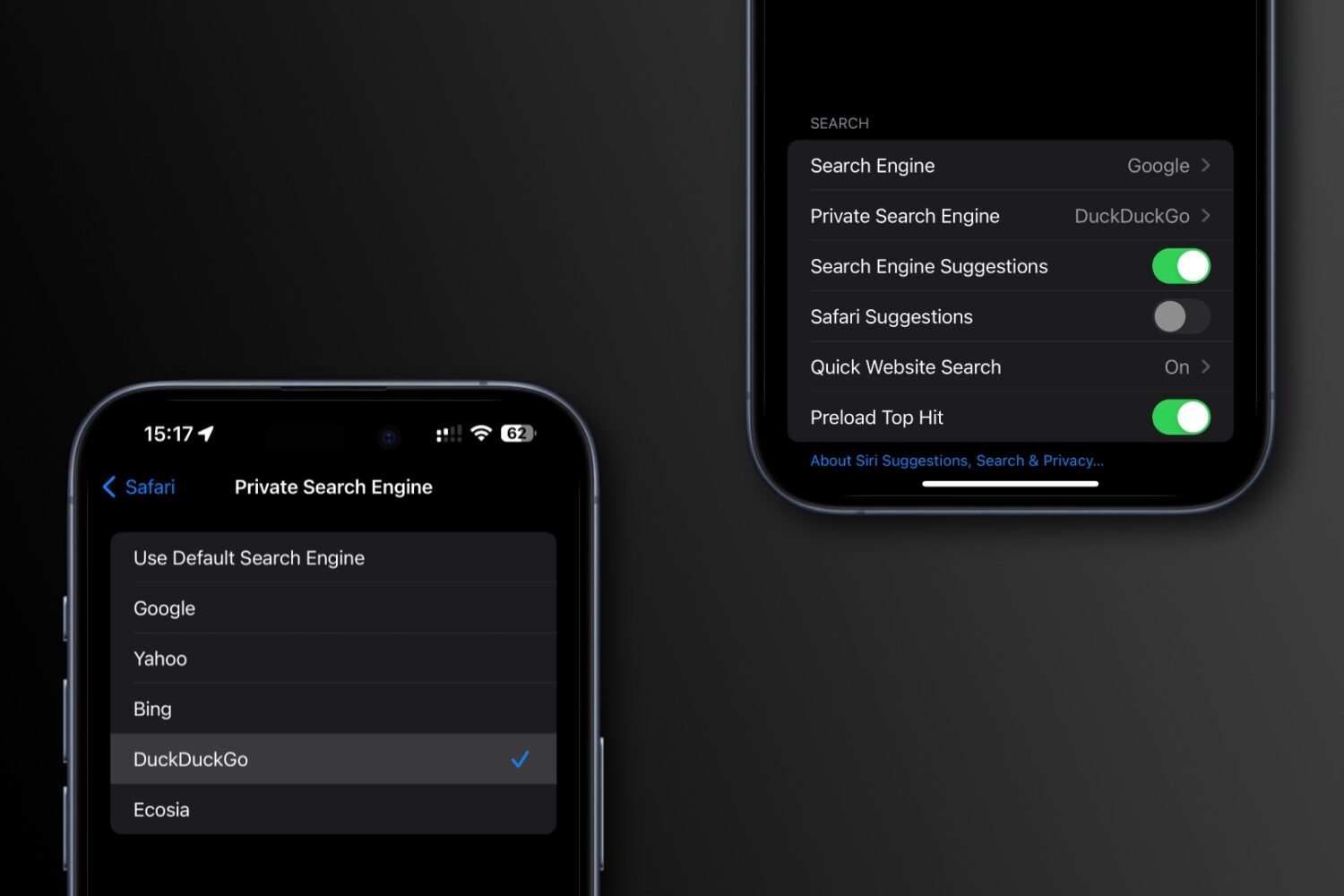 Two iPhones showcasing setting a search engine for Safari's private mode