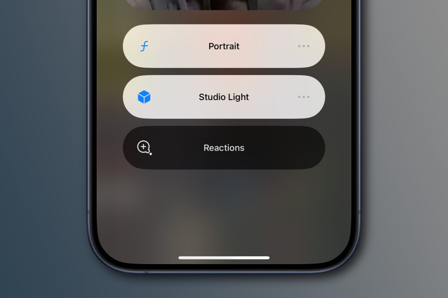 The Video Effects menu in the iPhone's Control Center with the Reactions option disabled