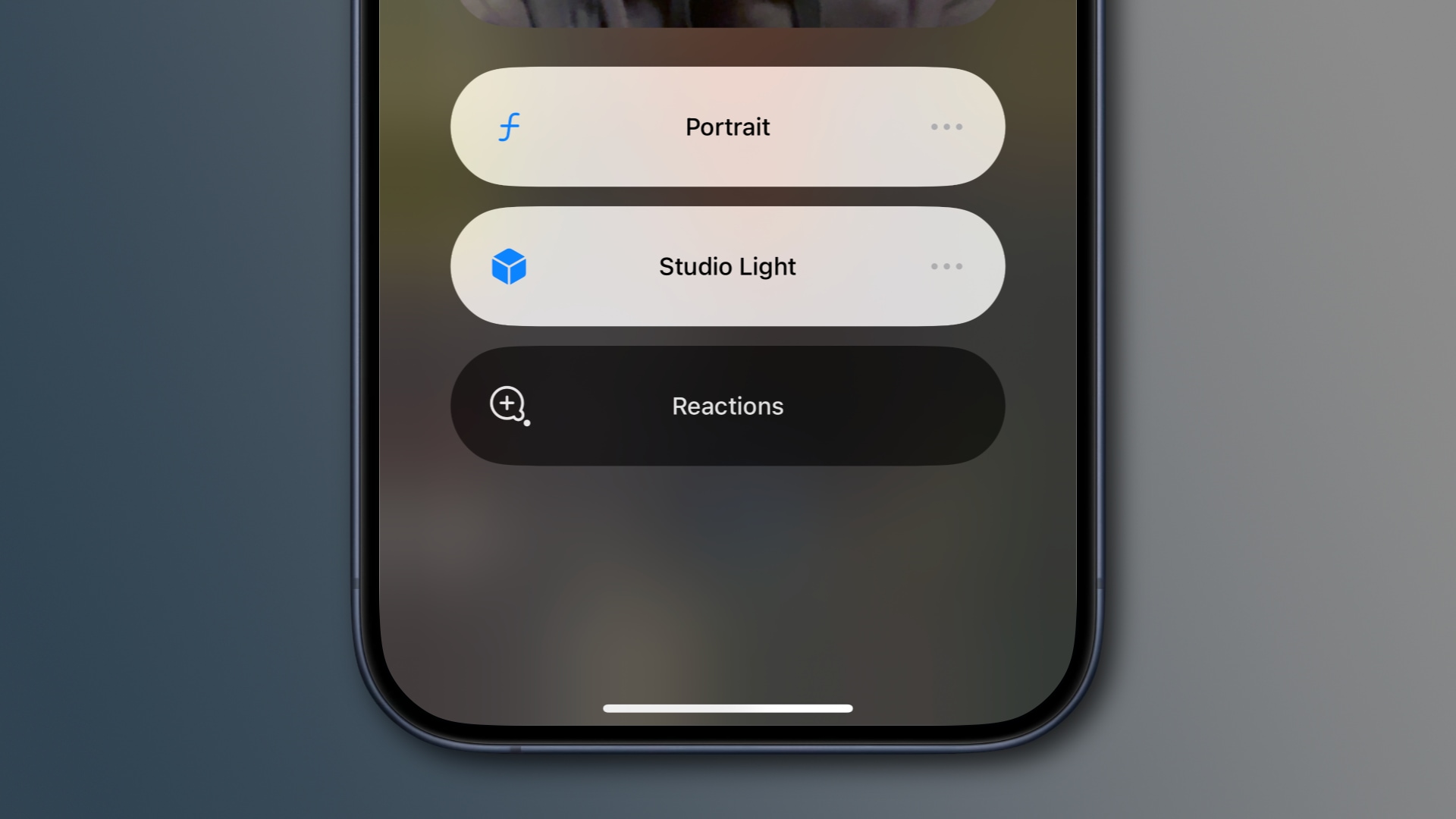 The Video Effects menu in the iPhone's Control Center with the Reactions option disabled