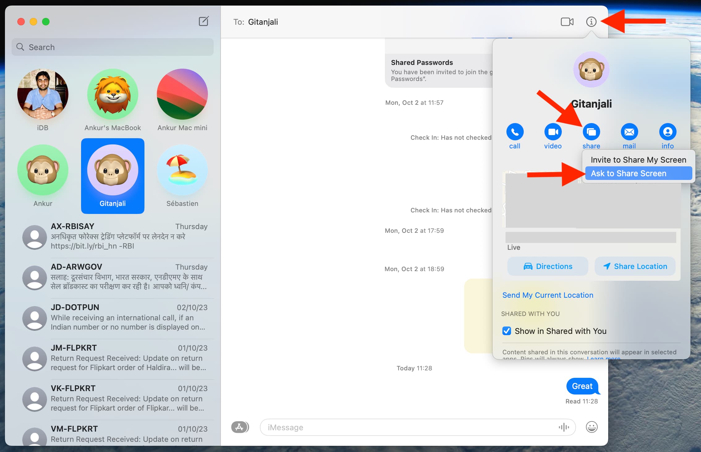 Ask to Share Screen in Messages app on Mac