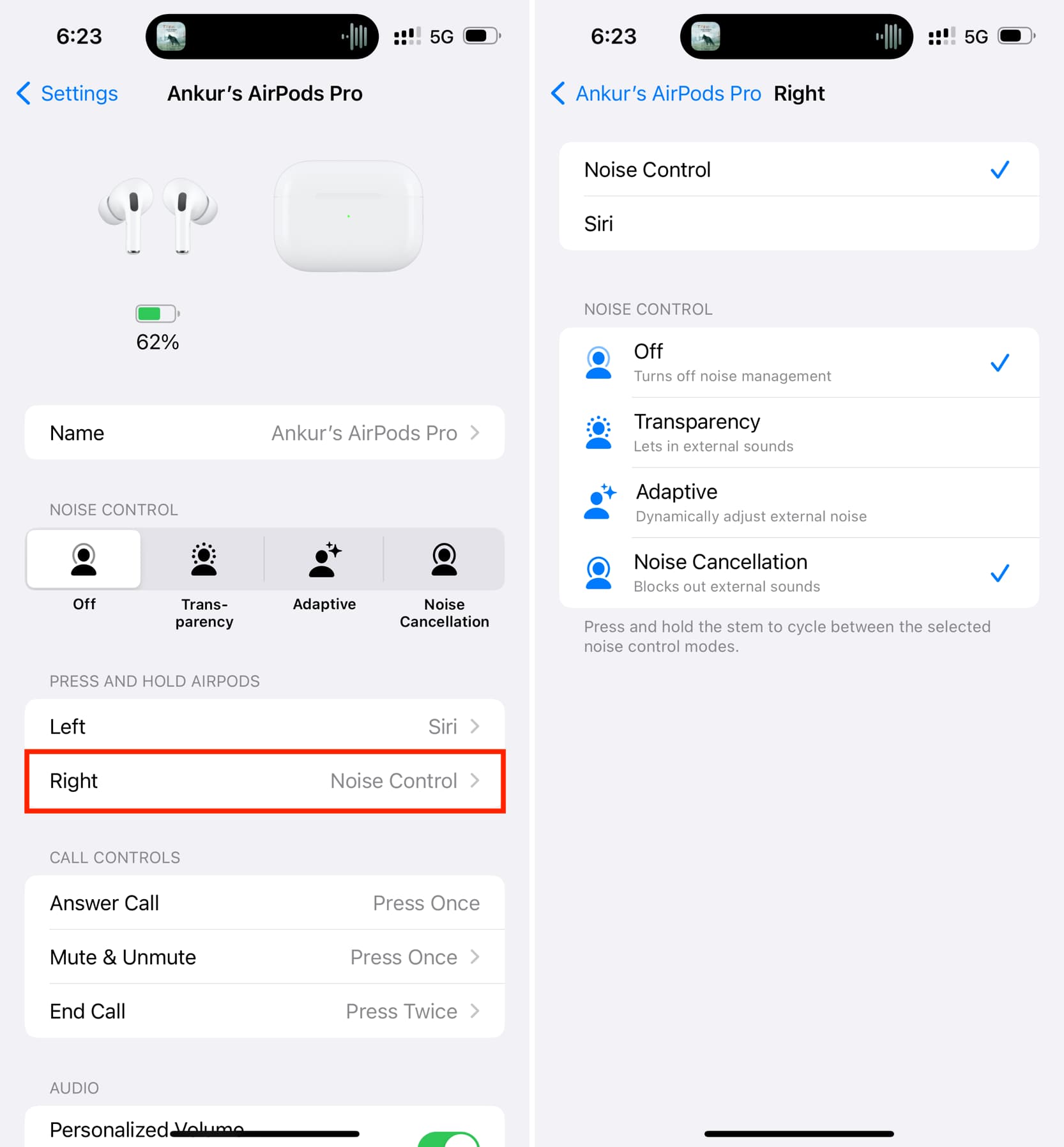 Cycle between various Noise Control modes for AirPods Pro