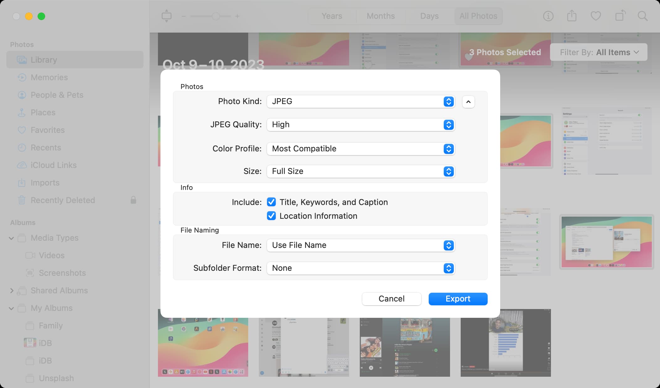 Export pictures from Photos app on Mac