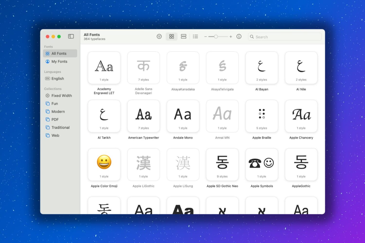 Font Book app on Mac showing several macOS font styles