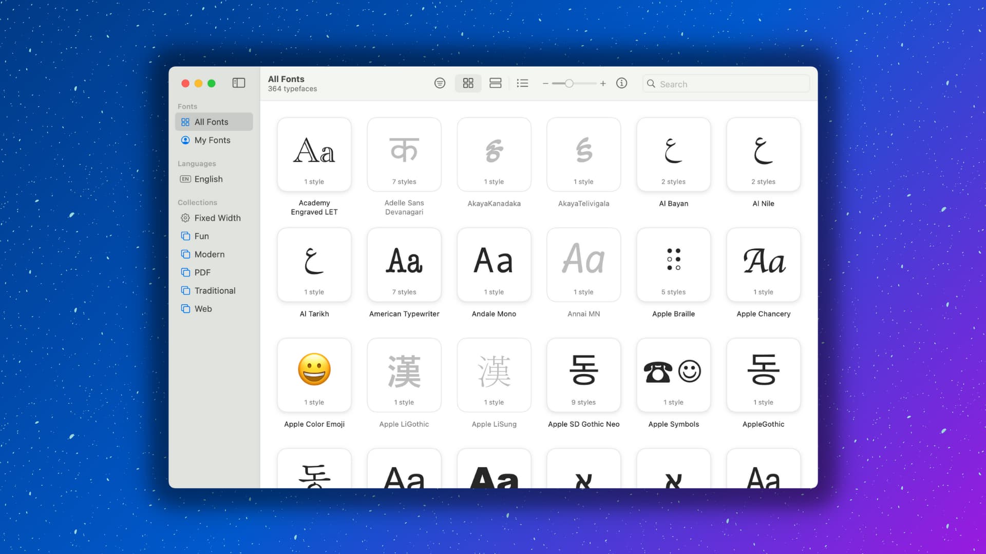 Font Book app on Mac showing several macOS font styles