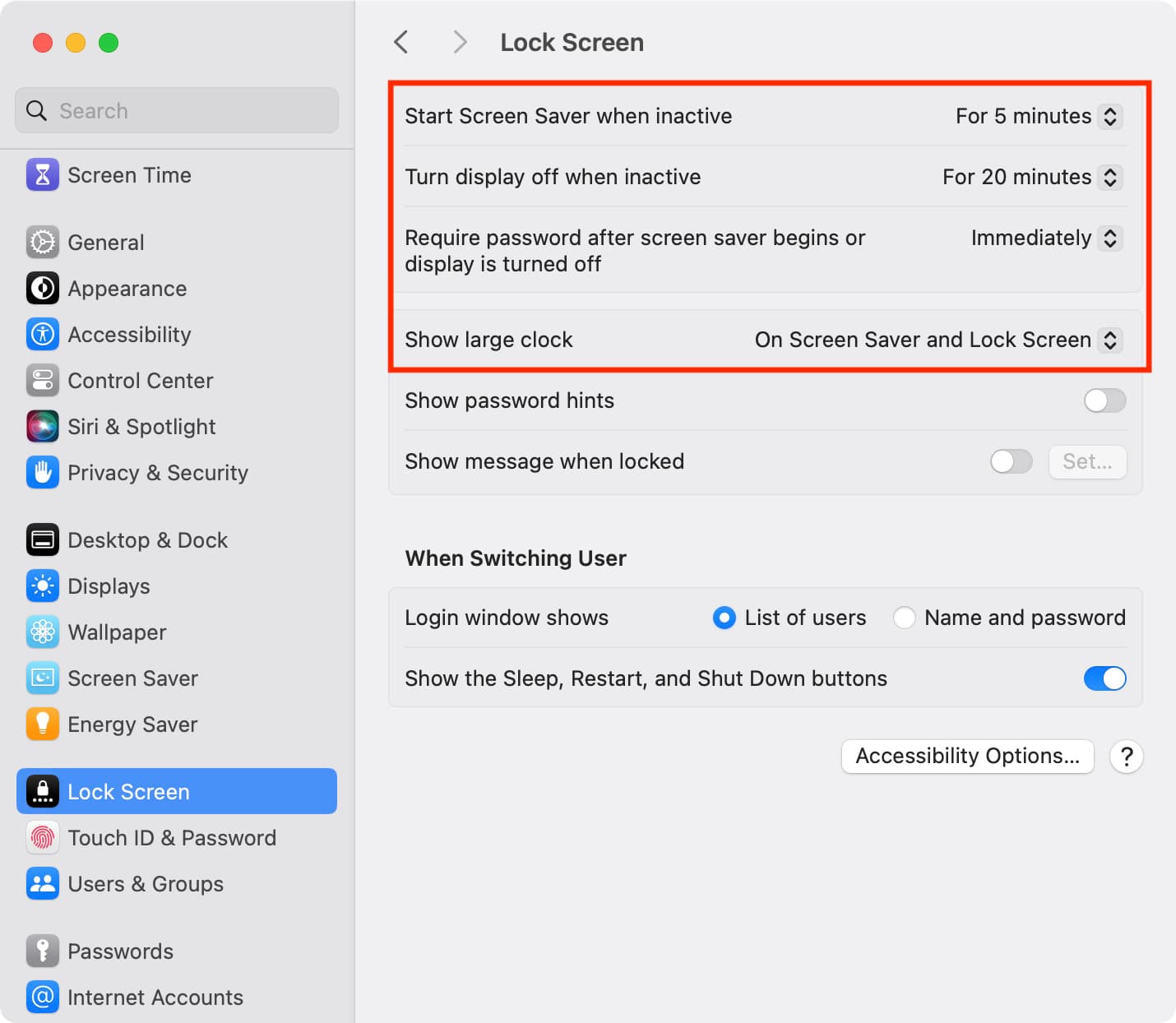 Lock Screen settings on Mac in macOS Sonoma