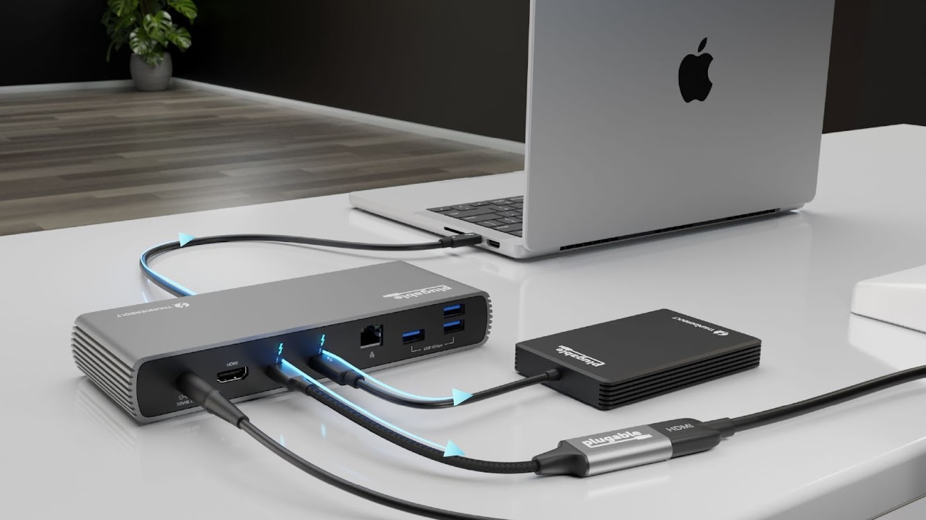 Plugable's Thunderbolt docking station connected to a MacBook Pro