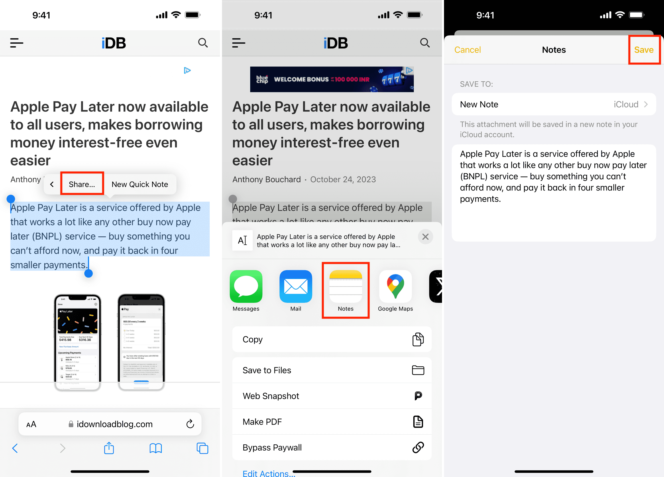 Save Safari web page text to Notes on iPhone