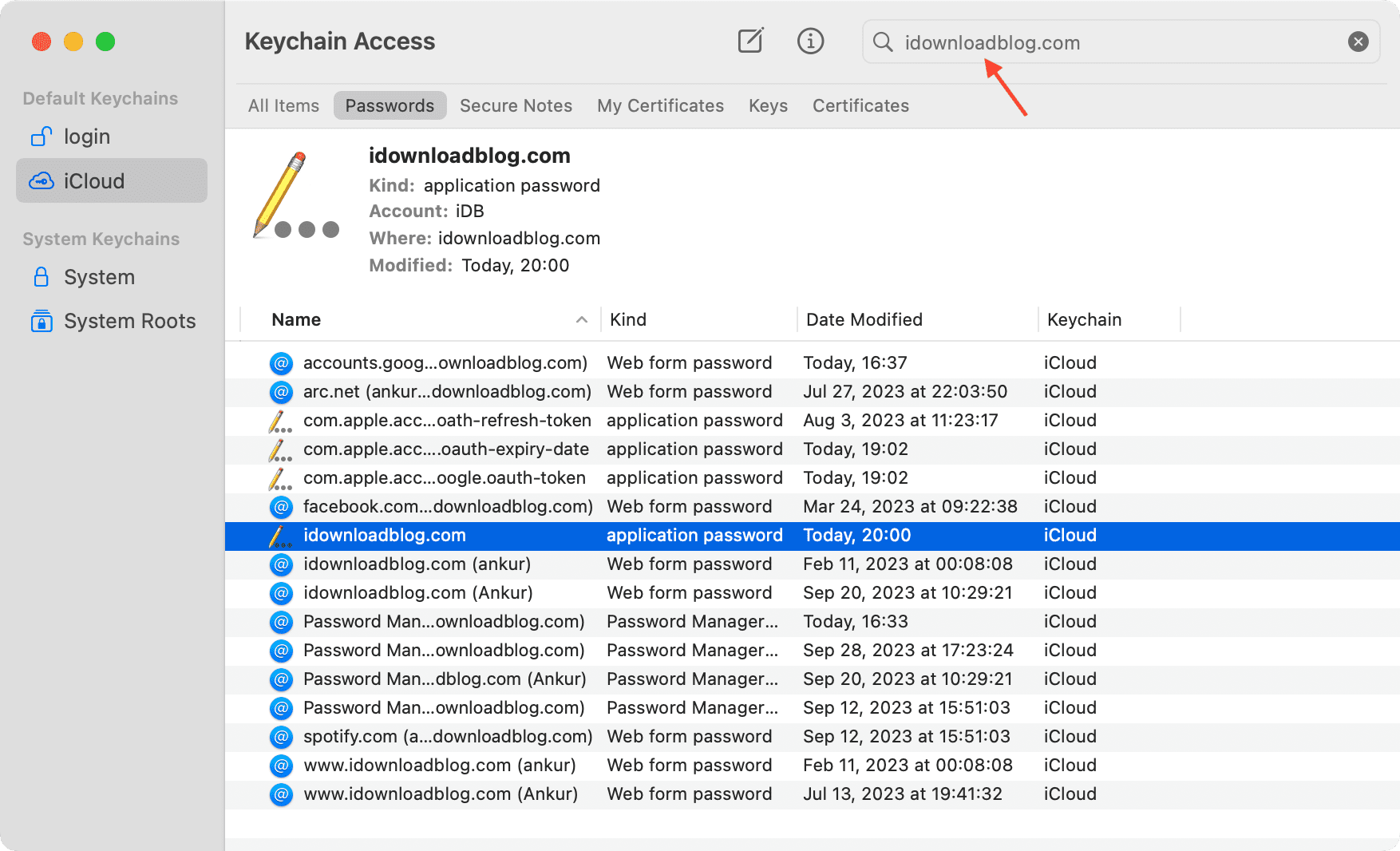 Search for a password in Keychain Access on Mac