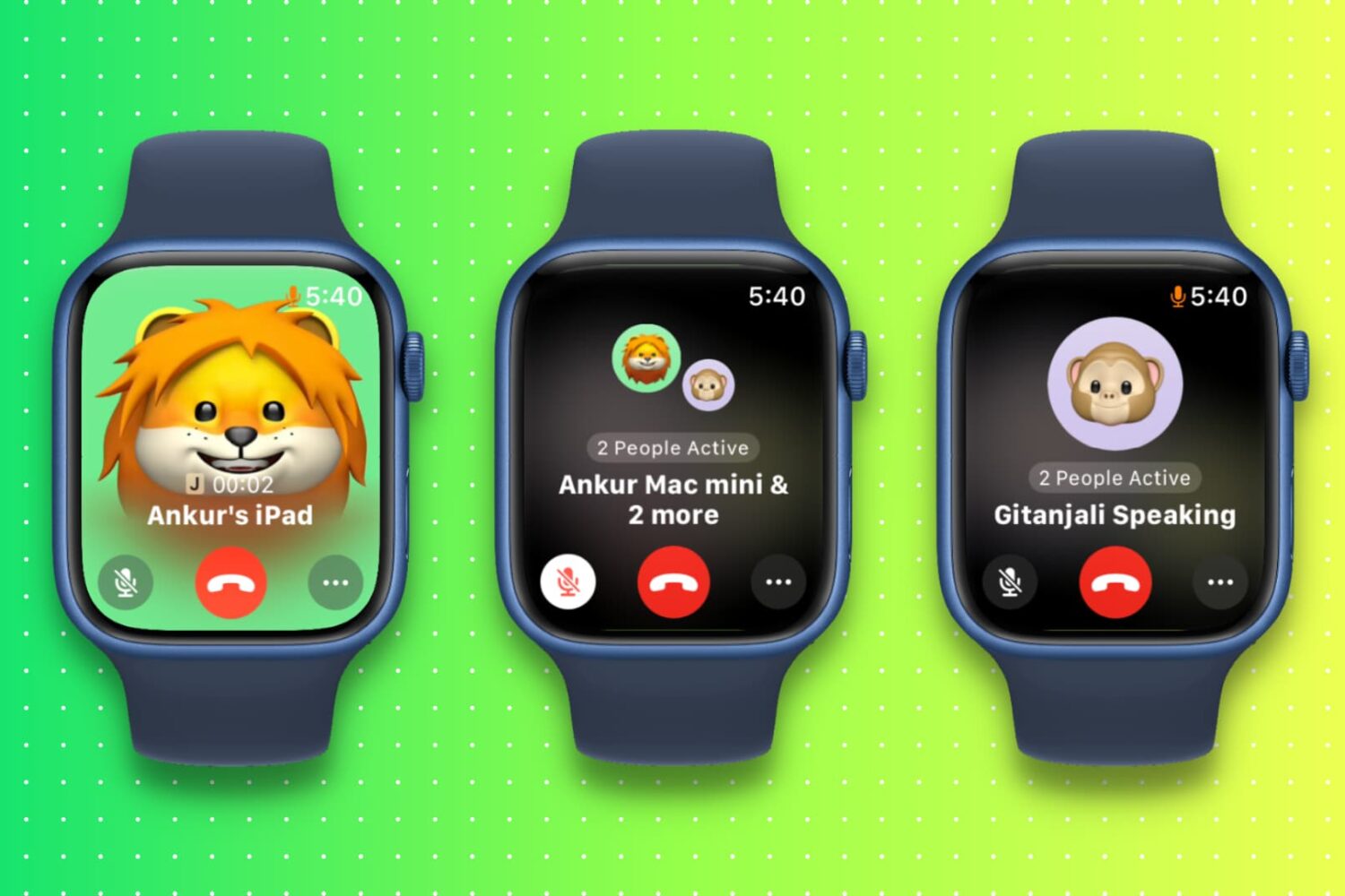 Three Apple Watch screens showing single and group FaceTime call