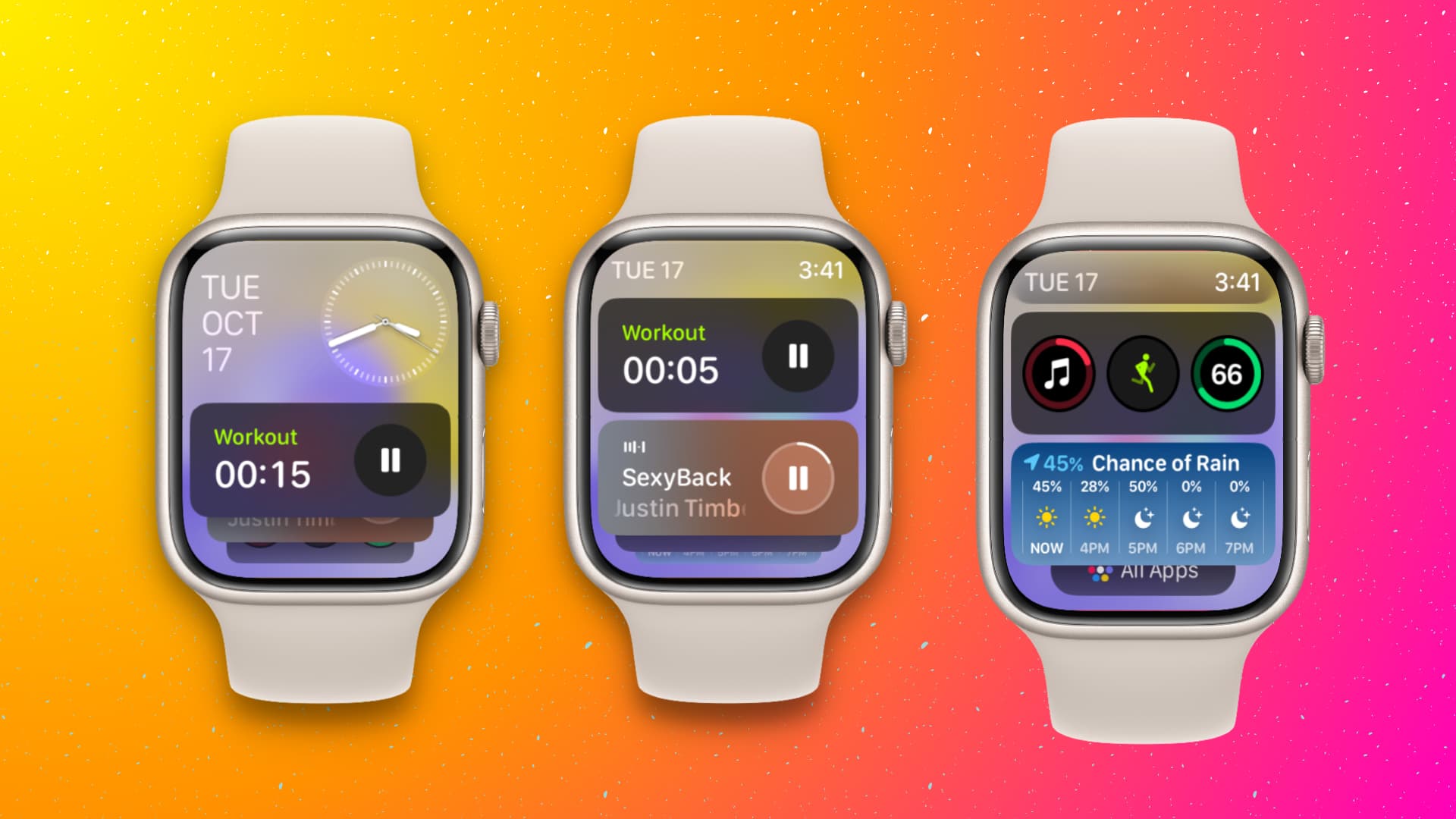 Three Apple Watch mockups showing Smart Stacks widgets in watchOS 10