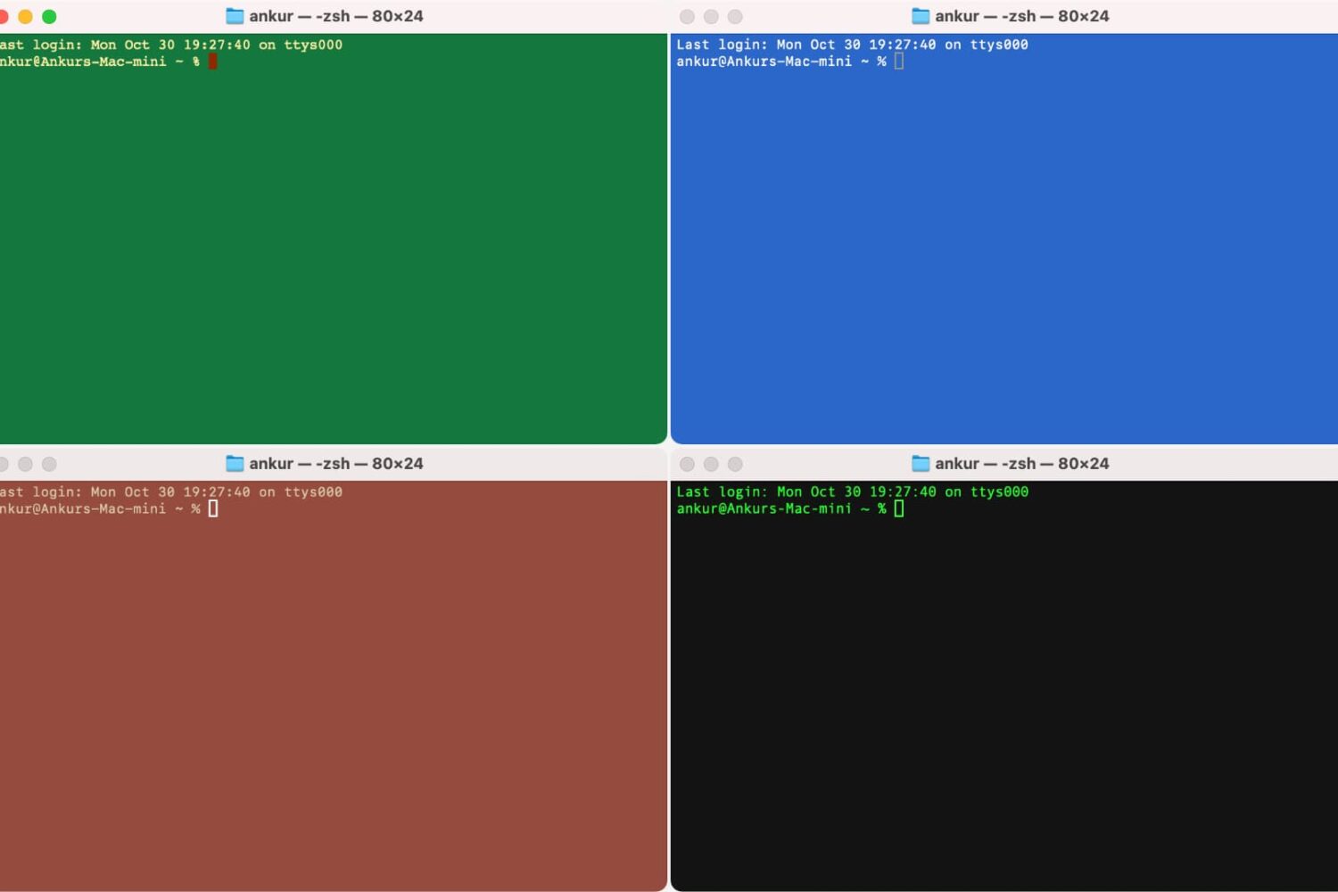 Terminal window in four different colors